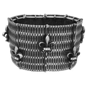 Small Fit Wide Panel Fleur De Lis Burnished Silver Tone Stretch Bracelet